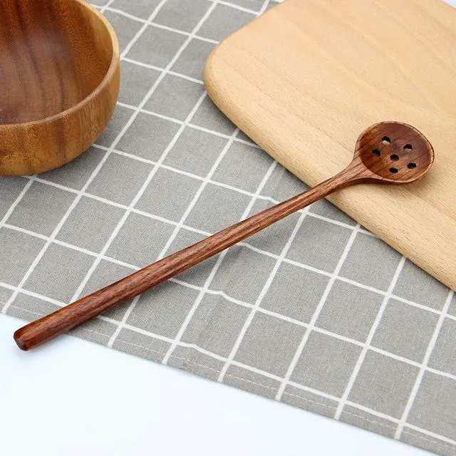 Alt view image 2 of 7 - 1 PC Korean Style 10.9" Long Handle Wooden Round Slotted Spoons for Jam Olive