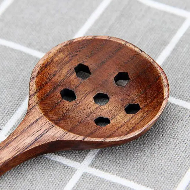 Alt view image 3 of 7 - 1 PC Korean Style 10.9" Long Handle Wooden Round Slotted Spoons for Jam Olive