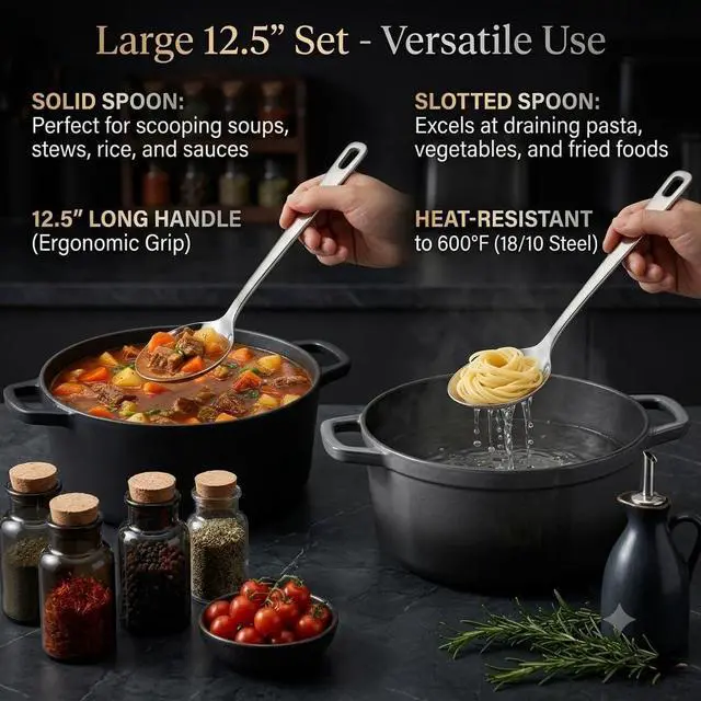 Alt view image 2 of 5 - Large Cooking Spoon Set, 12.5-inch Stainless Steel Solid & Slotted Spoons, Heavy Duty Metal Spoon for Mixing, Serving, Stiring Kitchen Utensils.