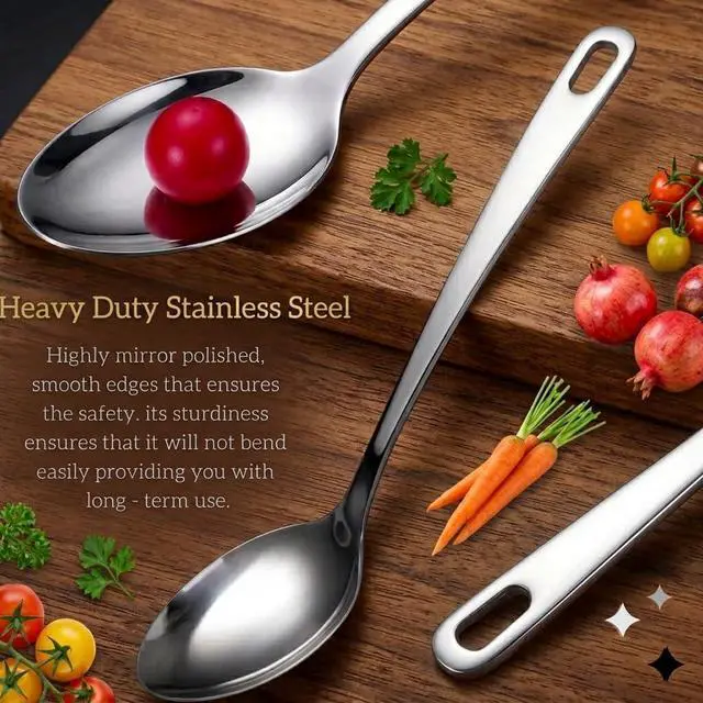 Alt view image 3 of 5 - Large Cooking Spoon Set, 12.5-inch Stainless Steel Solid & Slotted Spoons, Heavy Duty Metal Spoon for Mixing, Serving, Stiring Kitchen Utensils.
