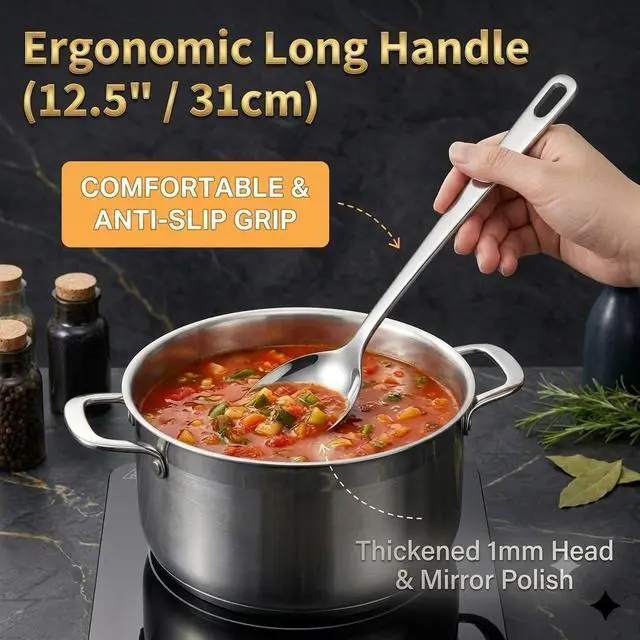 Alt view image 4 of 5 - Large Cooking Spoon Set, 12.5-inch Stainless Steel Solid & Slotted Spoons, Heavy Duty Metal Spoon for Mixing, Serving, Stiring Kitchen Utensils.