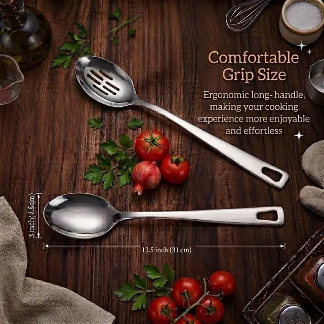 Alt view image 5 of 5 - Large Cooking Spoon Set, 12.5-inch Stainless Steel Solid & Slotted Spoons, Heavy Duty Metal Spoon for Mixing, Serving, Stiring Kitchen Utensils.