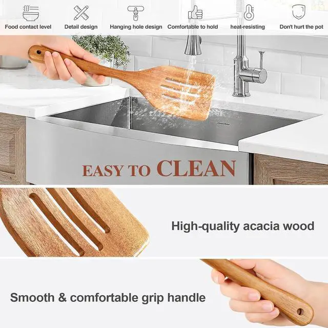 Alt view image 4 of 7 - Wooden Cooking Utensils, 6 Pieces Natural Acacia Wooden Spoons For Cooking with Non Stick & Heat Resistant Design, Wooden Kitchen Utensil Set with Hanging Hole for Stirring, Mixing, Cooking