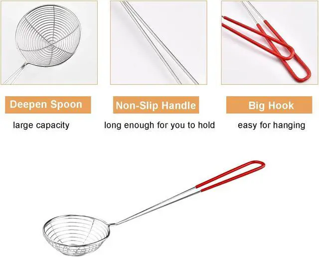 Alt view image 3 of 7 - Hot Pot Strainer Spoons, Skimmer Slotted Scoop for Boba Pearls, Stainless Steel Spider Strainer with Handle, Mini Wire Mesh Colander for Cooking (2.5inch, Red)