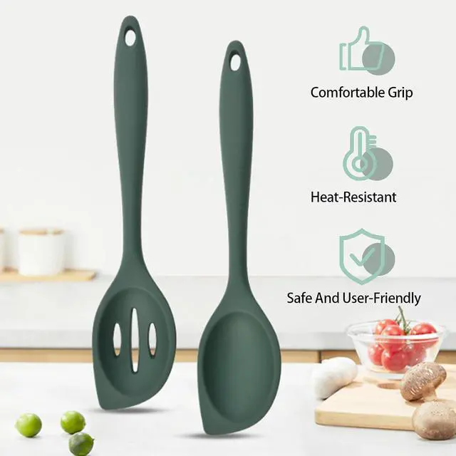 Alt view image 2 of 7 - 2-Pieces Silicone Cooking Spoon Spatula, Large Serving Spoons for Solid and Slotted, Heat Resistant Non-Stick Silicone Cooking Utensils Set, for Kitchen Mixing, Scooping, and Scraping
