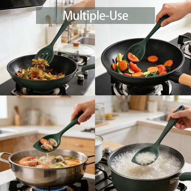Alt view image 3 of 7 - 2-Pieces Silicone Cooking Spoon Spatula, Large Serving Spoons for Solid and Slotted, Heat Resistant Non-Stick Silicone Cooking Utensils Set, for Kitchen Mixing, Scooping, and Scraping