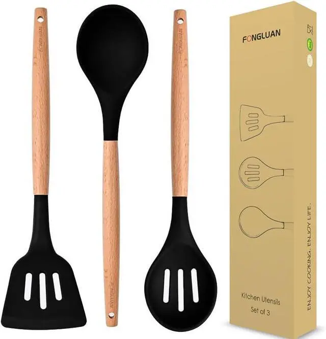 Main image of Kitchen Utensils. Set of 3, Silicone Cooking Utensils Set, Turner/Spatula, Spoons with Wooden Handle, Heat Resistant, Nonstick Cookware, Dishwasher Safe, Black