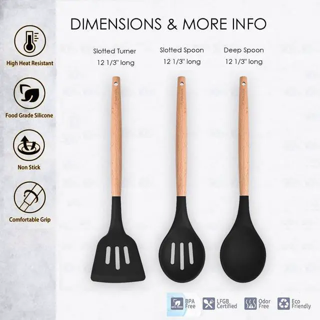 Alt view image 2 of 6 - Kitchen Utensils. Set of 3, Silicone Cooking Utensils Set, Turner/Spatula, Spoons with Wooden Handle, Heat Resistant, Nonstick Cookware, Dishwasher Safe, Black