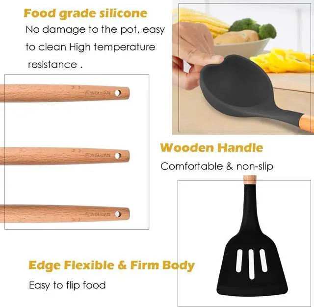 Alt view image 3 of 6 - Kitchen Utensils. Set of 3, Silicone Cooking Utensils Set, Turner/Spatula, Spoons with Wooden Handle, Heat Resistant, Nonstick Cookware, Dishwasher Safe, Black