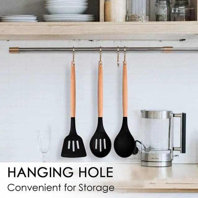 Alt view image 4 of 6 - Kitchen Utensils. Set of 3, Silicone Cooking Utensils Set, Turner/Spatula, Spoons with Wooden Handle, Heat Resistant, Nonstick Cookware, Dishwasher Safe, Black