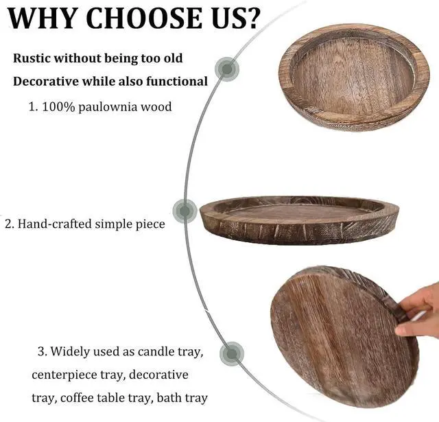 Alt view image 5 of 7 - Rustic Wooden Serving Tray - Candle Holder Tray Home Decor, Small Wooden Serving Tray, Round Wood Tray for Coffee Table, Decorative Tray, Centerpiece Table Decorations for Home Decor (8.07 in), Retro