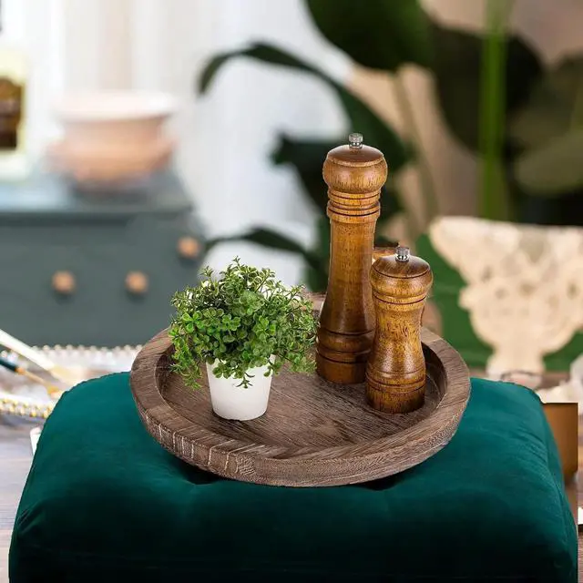 Alt view image 7 of 7 - Rustic Wooden Serving Tray - Candle Holder Tray Home Decor, Small Wooden Serving Tray, Round Wood Tray for Coffee Table, Decorative Tray, Centerpiece Table Decorations for Home Decor (8.07 in), Retro