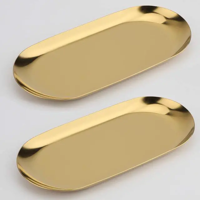 Main image of Stainless Steel Decorative Tray, Set of 2, 7 Inch Long, Jewelry Dish Cosmetics Organizer Bathroom Clutter Serving Platter Small Storage Tray, Oval, Gold