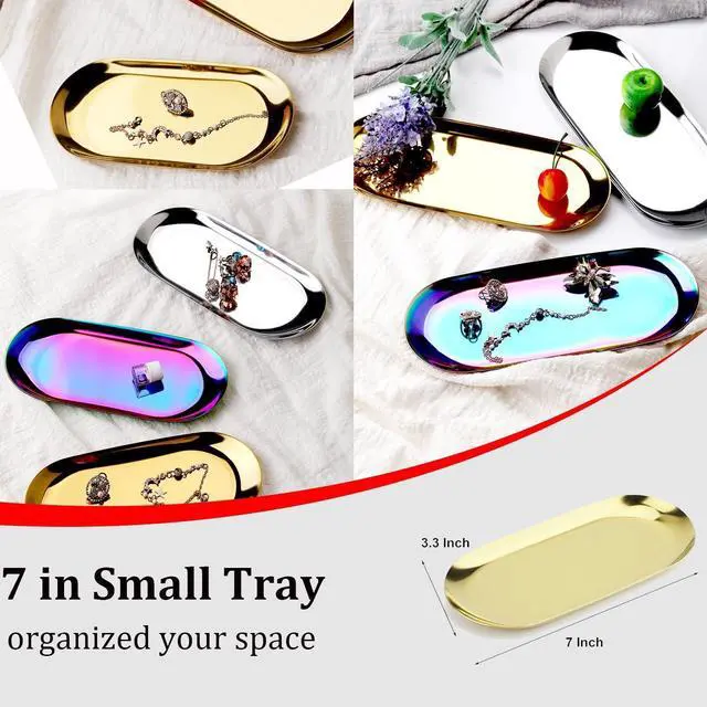 Alt view image 2 of 7 - Stainless Steel Decorative Tray, Set of 2, 7 Inch Long, Jewelry Dish Cosmetics Organizer Bathroom Clutter Serving Platter Small Storage Tray, Oval, Gold