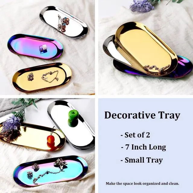 Alt view image 3 of 7 - Stainless Steel Decorative Tray, Set of 2, 7 Inch Long, Jewelry Dish Cosmetics Organizer Bathroom Clutter Serving Platter Small Storage Tray, Oval, Gold