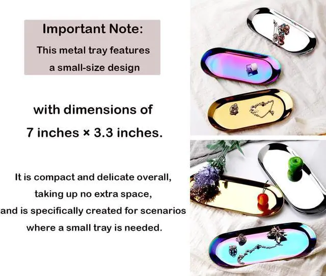 Alt view image 5 of 7 - Stainless Steel Decorative Tray, Set of 2, 7 Inch Long, Jewelry Dish Cosmetics Organizer Bathroom Clutter Serving Platter Small Storage Tray, Oval, Gold