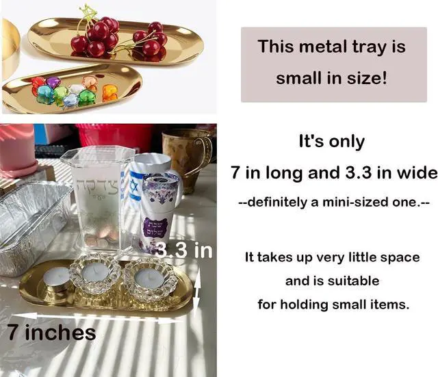 Alt view image 6 of 7 - Stainless Steel Decorative Tray, Set of 2, 7 Inch Long, Jewelry Dish Cosmetics Organizer Bathroom Clutter Serving Platter Small Storage Tray, Oval, Gold