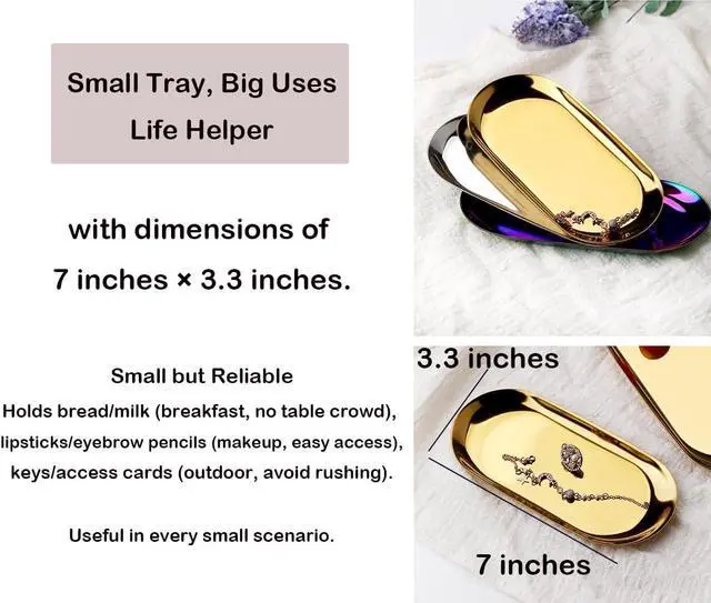 Alt view image 7 of 7 - Stainless Steel Decorative Tray, Set of 2, 7 Inch Long, Jewelry Dish Cosmetics Organizer Bathroom Clutter Serving Platter Small Storage Tray, Oval, Gold