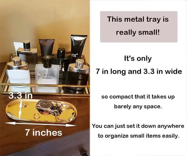 Alt view image 4 of 7 - Stainless Steel Decorative Tray, Set of 2, 7 Inch Long, Jewelry Dish Cosmetics Organizer Bathroom Clutter Serving Platter Small Storage Tray, Oval, Gold