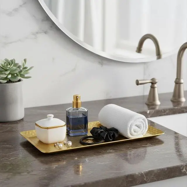 Alt view image 5 of 7 - Hammered Rectangular Platter Serving Tray, Gold Stainless Steel Decorative Storage Tray, 9.8 x 4.3 Inch