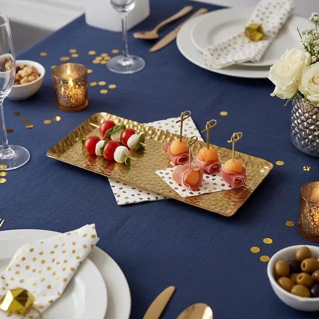 Alt view image 7 of 7 - Hammered Rectangular Platter Serving Tray, Gold Stainless Steel Decorative Storage Tray, 9.8 x 4.3 Inch