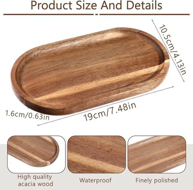 Alt view image 2 of 7 - Small Acacia Wood Serving Trays Mini Wooden Platters Wooden Vanity Tray Dispenser Wood Counter Plates Bathroom Countertop Organizer Trays Coffee Bar Tray Appetizer Serving Board Snack Serve Board
