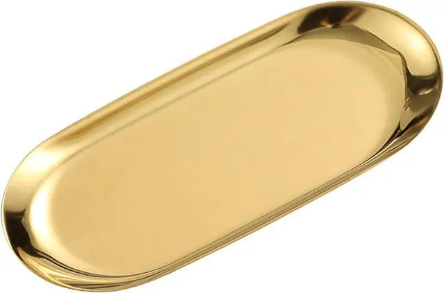 Main image of 1 Pcs Gold Trinket Tray Oval Stainless Steel Small Serving Trays Towel Storage Dish Plate Tea Fruit Trays Jewelry Plate Decorative Storage Tray (Gold 1pcs, 9 x 3.8 Inch)
