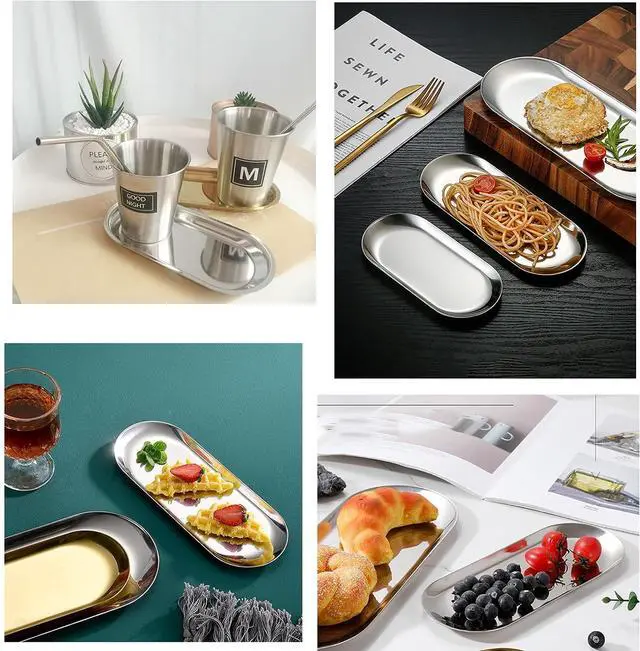 Alt view image 6 of 7 - 4 Pcs 7 Inch x 3.3 Inch Trinket Tray, Silver Stainless Steel, for Serving Trays Towel Storage Dish Plate Tea Fruit Trays Jewelry Plate Decorative Storage Tray