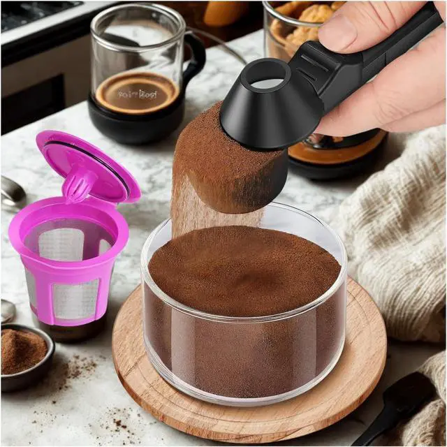 Alt view image 3 of 7 - Coffee Scoop & Funnel for Reusable K Cup Pods 2 Tablespoon Measuring Spoon for Ground Coffee, Protein Powder, and Tea No-Spill Design, Ideal for Kitchen Storage (1, Black)