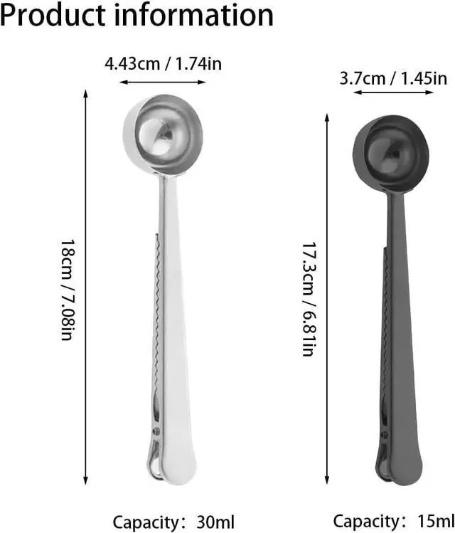 Alt view image 2 of 7 - Coffee Scoop,Stainless Steel Coffee Scoop Clip,Coffee Spoon Measuring,for Ground Coffee and Beans,Set of 2(15ml/Black+30ml/Silver).
