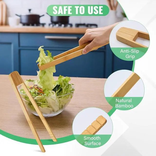 Alt view image 4 of 7 - 2-Pack 10 Inch Springless Natural Bamboo Food Tongs for Kitchen Cooking and BBQ Grilling