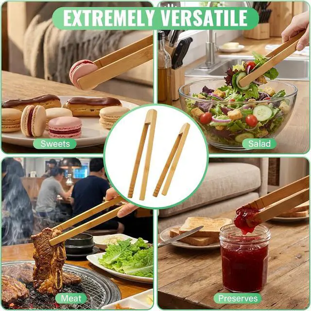 Alt view image 5 of 7 - 2-Pack 10 Inch Springless Natural Bamboo Food Tongs for Kitchen Cooking and BBQ Grilling