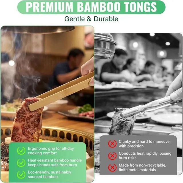 Alt view image 6 of 7 - 2-Pack 10 Inch Springless Natural Bamboo Food Tongs for Kitchen Cooking and BBQ Grilling