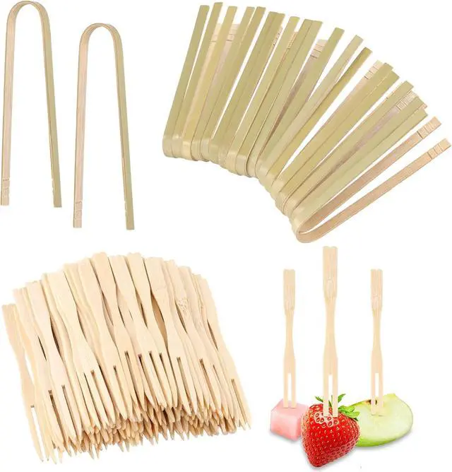 Main image of 20pcs Small Disposable Bamboo Tongs & 200pcs Mini Forks for Appetizers
