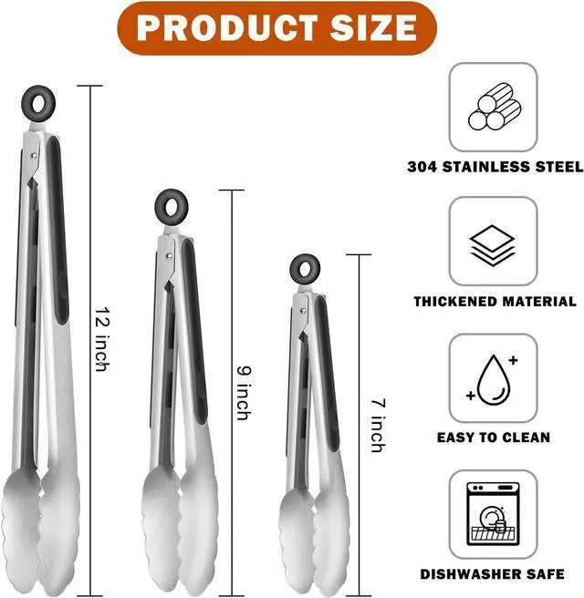 Alt view image 2 of 7 - TACGEA Stainless Steel Kitchen Tongs, Silicone Non-slip Grip, Locking Grilling Food Tongs Set of 3-7inch, 9inch and 12inch