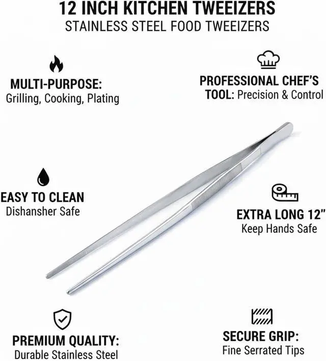 Alt view image 4 of 6 - 12-Inch Stainless Steel Kitchen Tweezers, Food Tongs for Cooking