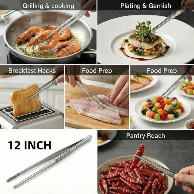 Alt view image 2 of 6 - 12-Inch Stainless Steel Kitchen Tweezers, Food Tongs for Cooking