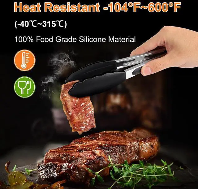 Alt view image 3 of 7 - 2 Pack Black Premium Stainless Steel Heat Resistant Kitchen Tongs for cooking,set of 9" and 12",Non Scratch Silicone cooking Tong Tip for Cooking Pans,Strong Grip BBQ tongs for Grabbing Hot Food