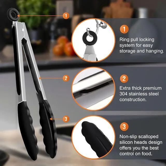 Alt view image 6 of 7 - 2 Pack Black Premium Stainless Steel Heat Resistant Kitchen Tongs for cooking,set of 9" and 12",Non Scratch Silicone cooking Tong Tip for Cooking Pans,Strong Grip BBQ tongs for Grabbing Hot Food