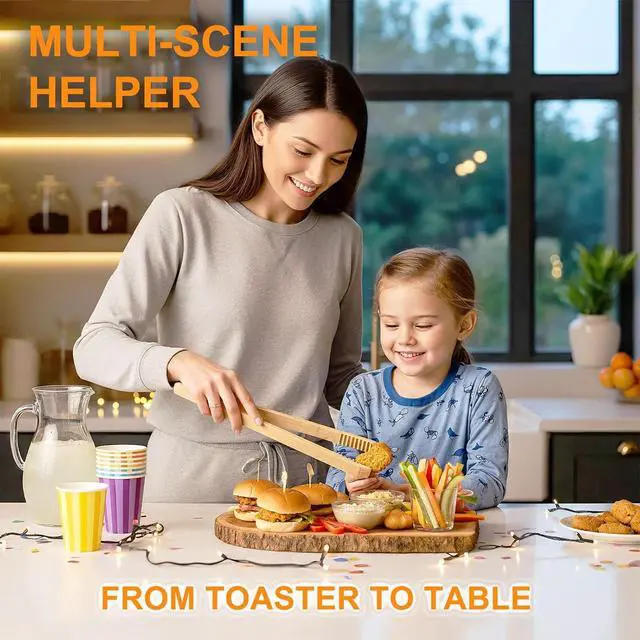 Alt view image 6 of 7 - 2 Pack Premium Bamboo Toaster Tongs, 10 Inches Natural Wooden Tongs with Serrated Tips for a Secure Grip on Toast, Bagels, Pastries, and Salads, Reusable for Cooking & Serving