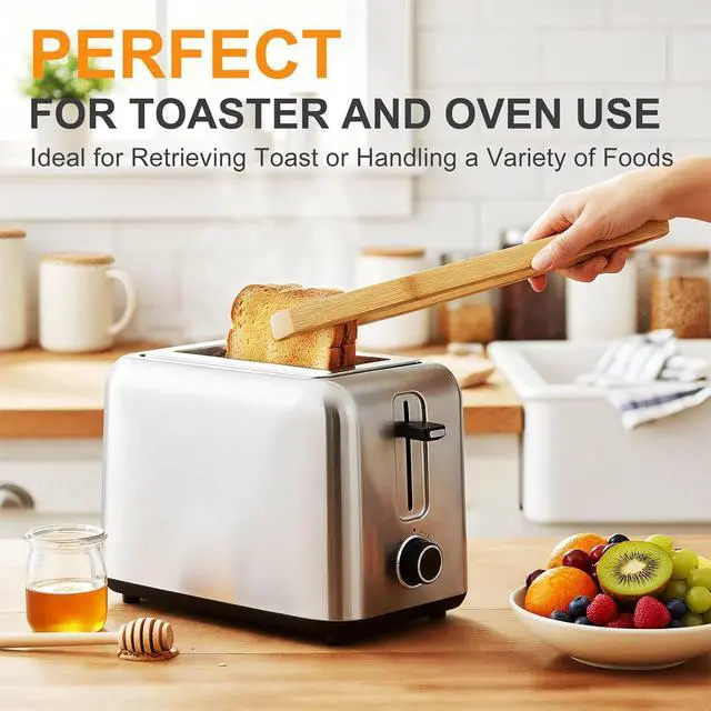 Alt view image 5 of 7 - 2 Pack Premium Bamboo Toaster Tongs, 10 Inches Natural Wooden Tongs with Serrated Tips for a Secure Grip on Toast, Bagels, Pastries, and Salads, Reusable for Cooking & Serving