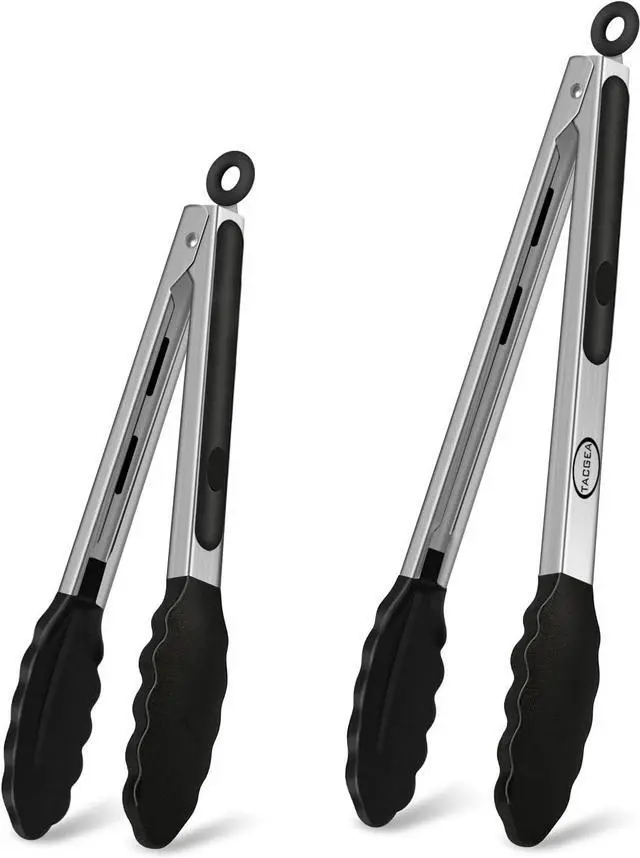 Main image of TACGEA Stainless Steel Kitchen Tongs with Silicone Tips, Locking Grilling Food Tongs, 9" and 12", Set of 2 Black