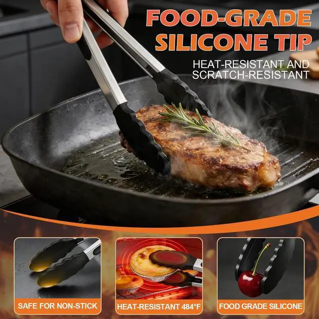Alt view image 2 of 7 - TACGEA Stainless Steel Kitchen Tongs with Silicone Tips, Locking Grilling Food Tongs, 7" 9" and 12", Set of 3 Black