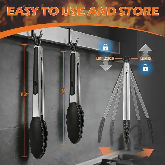 Alt view image 5 of 7 - TACGEA Stainless Steel Kitchen Tongs with Silicone Tips, Locking Grilling Food Tongs, 9" and 12", Set of 2 Black