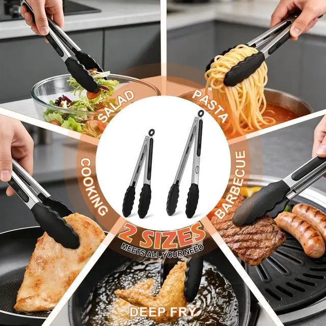 Alt view image 6 of 7 - TACGEA Stainless Steel Kitchen Tongs with Silicone Tips, Locking Grilling Food Tongs, 9" and 12", Set of 2 Black