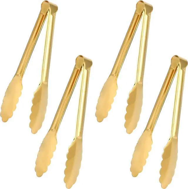 Main image of 4 Pack Gold Tongs for Serving Food, 9 Inch Serving Tongs for Buffet, Party Salad Tongs for Stainless Steel Utensils, Metal Kitchen Tong for Steak, Appetizer, Snack and Small Food