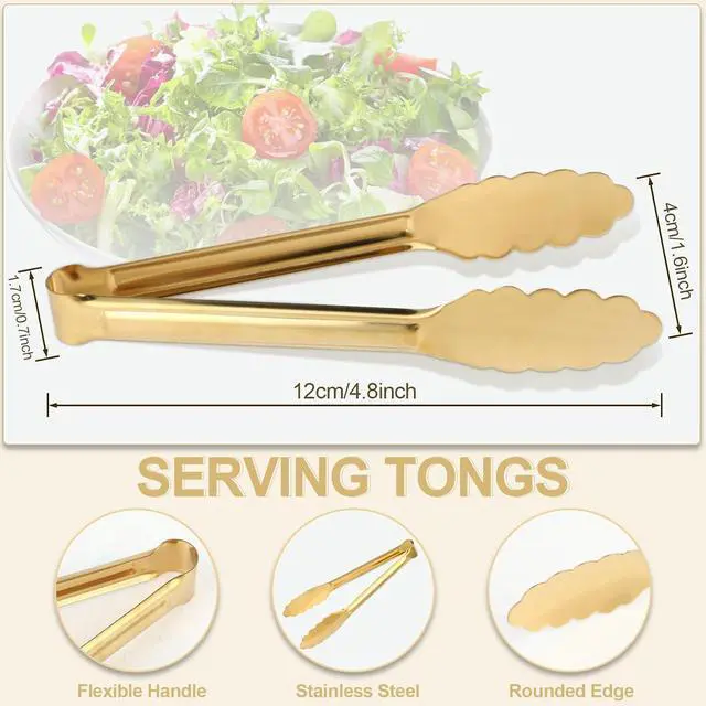 Alt view image 2 of 7 - 4 Pack Gold Tongs for Serving Food, 9 Inch Serving Tongs for Buffet, Party Salad Tongs for Stainless Steel Utensils, Metal Kitchen Tong for Steak, Appetizer, Snack and Small Food