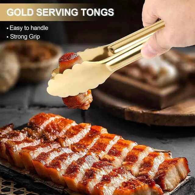 Alt view image 3 of 7 - 4 Pack Gold Tongs for Serving Food, 9 Inch Serving Tongs for Buffet, Party Salad Tongs for Stainless Steel Utensils, Metal Kitchen Tong for Steak, Appetizer, Snack and Small Food