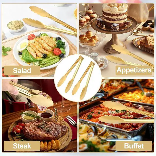 Alt view image 6 of 7 - 4 Pack Gold Tongs for Serving Food, 9 Inch Serving Tongs for Buffet, Party Salad Tongs for Stainless Steel Utensils, Metal Kitchen Tong for Steak, Appetizer, Snack and Small Food