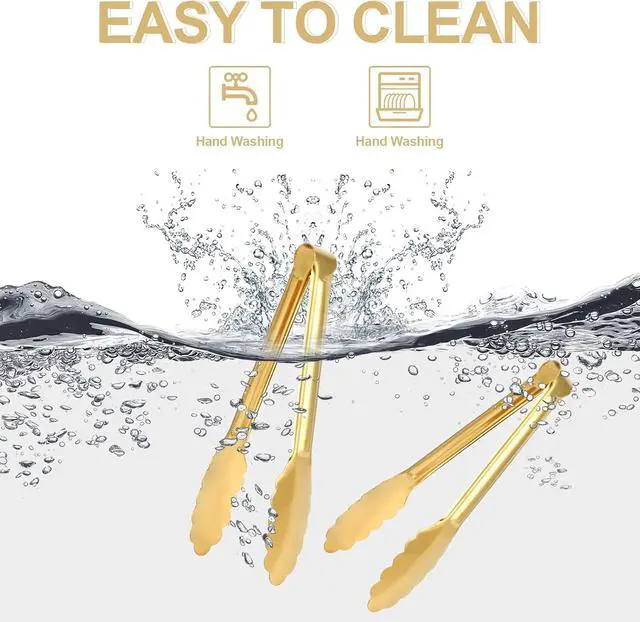 Alt view image 7 of 7 - 4 Pack Gold Tongs for Serving Food, 9 Inch Serving Tongs for Buffet, Party Salad Tongs for Stainless Steel Utensils, Metal Kitchen Tong for Steak, Appetizer, Snack and Small Food